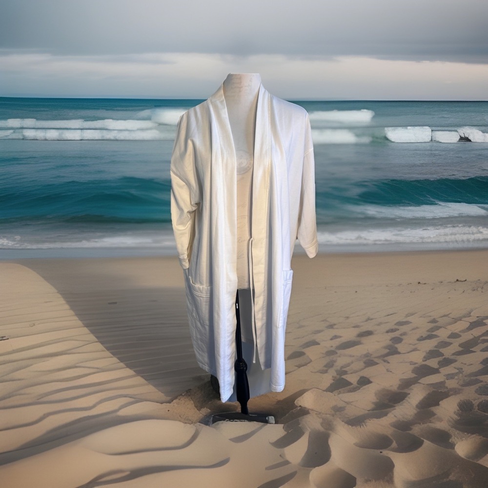 Amanda Stewart Intimates Cotton Blend Ribbed Pocket 3/4 Length Soft Chic Robe L
